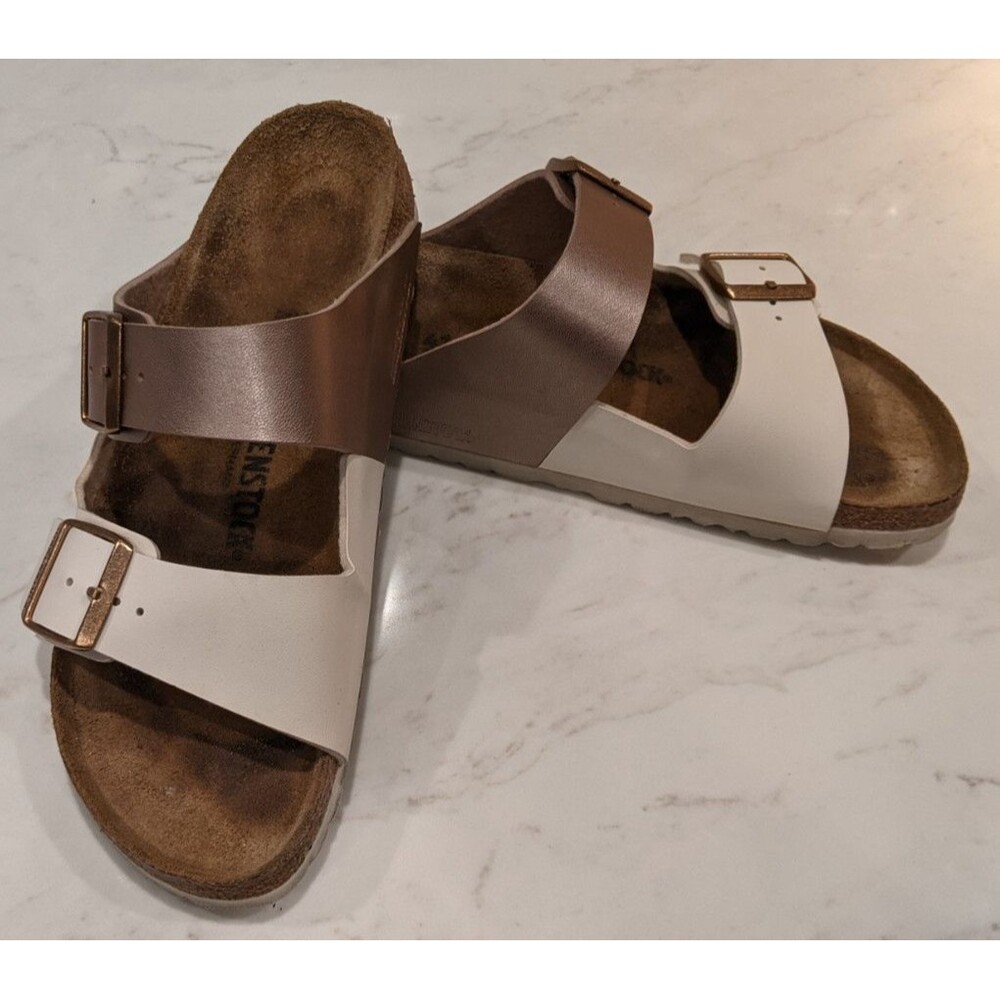BIRKENSTOCK Arizona Split Birko-Flor Eggshell/Copper 2- Strap Sandal 41/10-10.5 - Picture 2 of 13